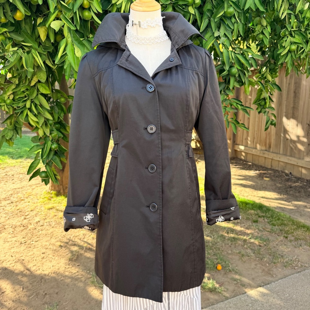 Guess Womens Black Hooded Trench Coat Ruffle Waist Monogram Lining Size L